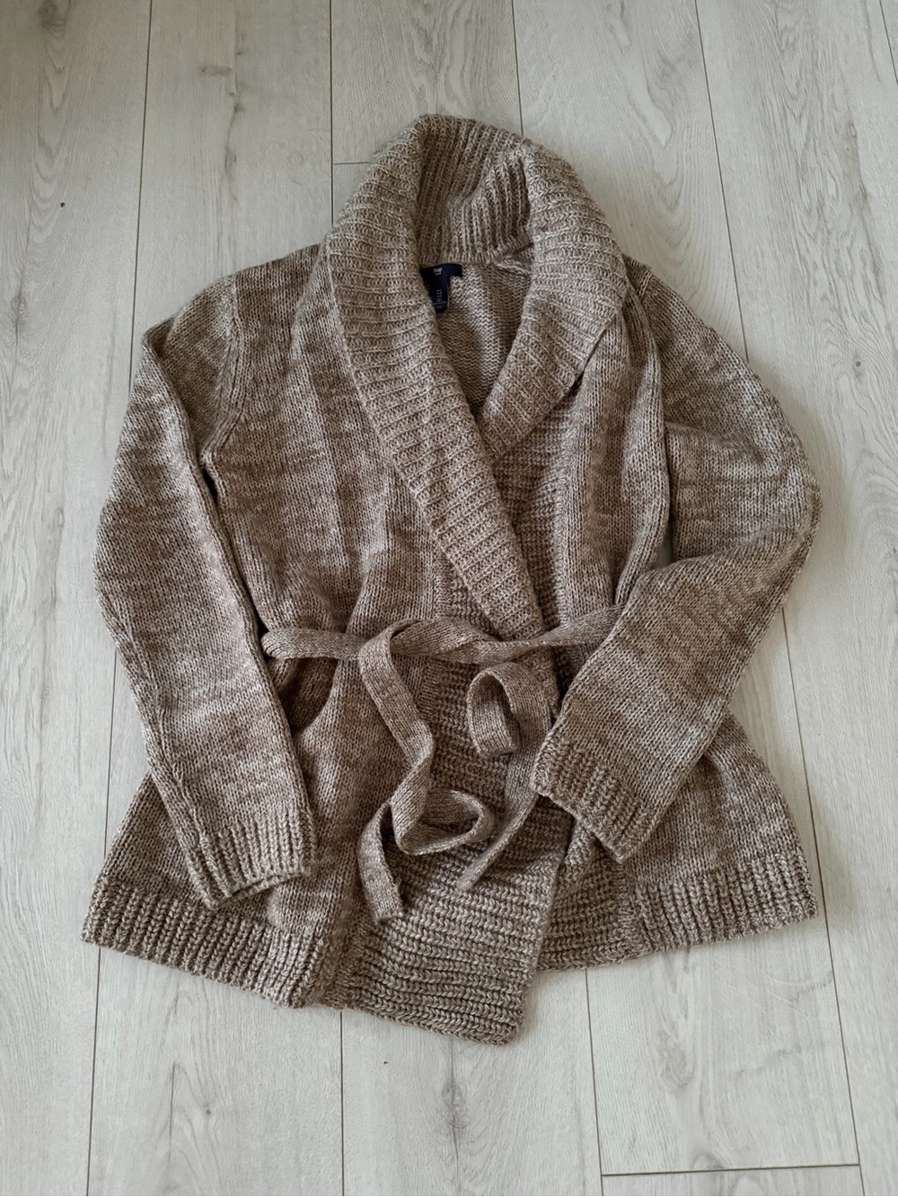 GAP Taupe Shawl-Collar Belted Knit Cardigan